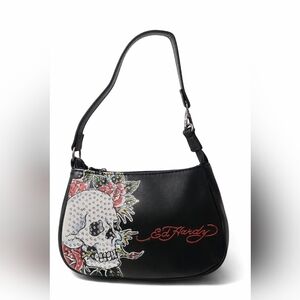 Ed Hardy Black Shoulder Bag with Skull and Floral Design